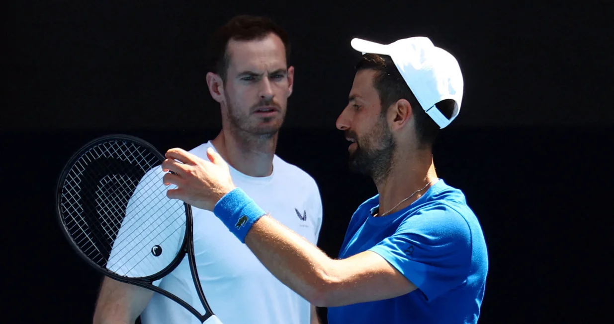 FILE PHOTO: Tennis - Australian Open - Practice - Melbourne Park, Melbourne, Australia - January 9, 2025 Serbia's Novak Djokovic with coach Andy Murray during a practice session ahead of the Australian Open REUTERS/Edgar Su/File Photo
