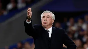 Soccer Football - Champions League - Quarter Final - Second Leg - Real Madrid v Arsenal - Santiago Bernabeu, Madrid, Spain - April 16, 2025 Real Madrid coach Carlo Ancelotti reacts REUTERS/Juan Medina