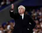 Soccer Football - Champions League - Quarter Final - Second Leg - Real Madrid v Arsenal - Santiago Bernabeu, Madrid, Spain - April 16, 2025 Real Madrid coach Carlo Ancelotti reacts REUTERS/Juan Medina