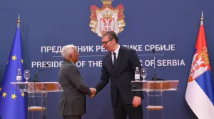 Beograd, Srbija - 13. maj 2025: Predsjednik Vijeća Evropske unije Antonio Costa boravi u posjeti Srbiji. U Beogradu ga je dočekao predsjednik Srbije Aleksandar Vaučić. Nakon sastanka Vučić i Costa su održali zajedničku konferenciju za novinare. (Amir Hamzagic - Anadolu Agency)/