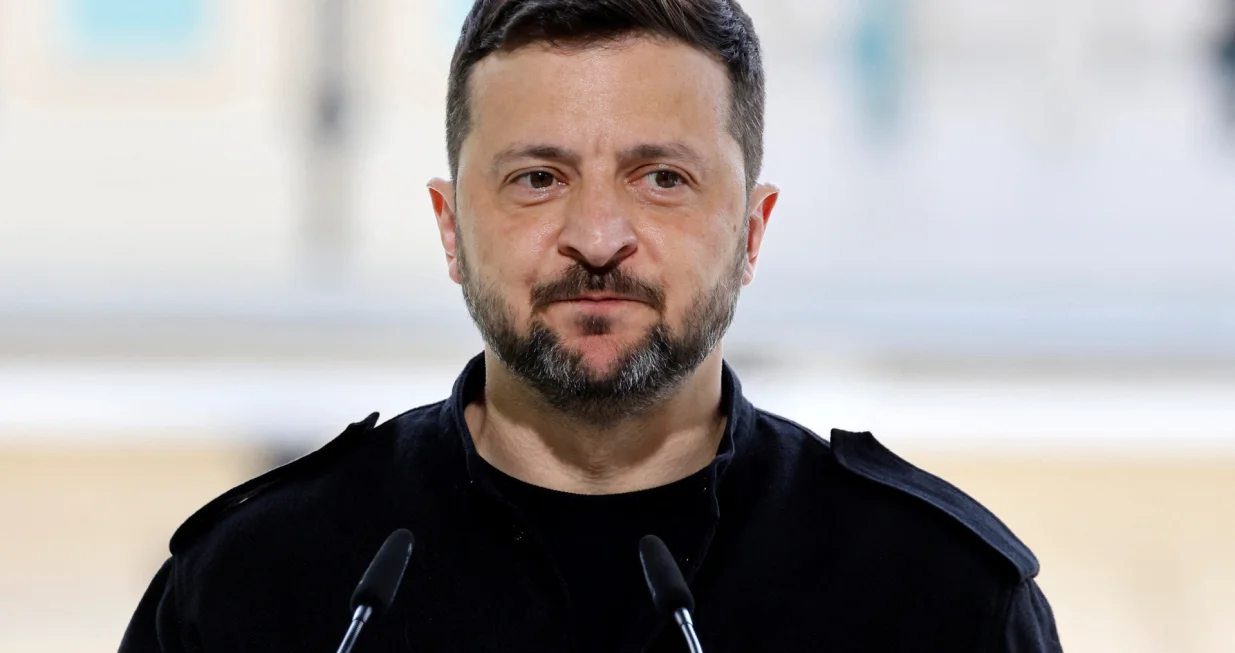 Ukranian President Voloydmyr Zelensky speaks during a press conference in the grounds of the Mariinskyi Palace in Kyiv, Ukraine, May 10, 2025. Ludovic Marin/Pool via REUTERS/Ludovic Marin