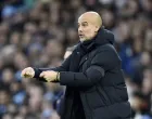 epa10383905 Manchester City manager Pep Guardiola reacts during the English Premier League soccer match between Manchester City and Everton in Manchester, Britain, 31 December 2022. EPA/Peter Powell EDITORIAL USE ONLY. No use with unauthorized audio, video, data, fixture lists, club/league logos or 'live' services. Online in-match use limited to 120 images, no video emulation. No use in betting, games or single club/league/player publications