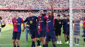 Soccer Football - LaLiga - FC Barcelona v Real Madrid - Estadi Olimpic Lluis Companys, Barcelona, Spain - May 11, 2025 FC Barcelona's Lamine Yamal, Ferran Torres, Pau Victor and Fermin Lopez celebrate after the match REUTERS/Nacho Doce