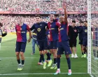 Soccer Football - LaLiga - FC Barcelona v Real Madrid - Estadi Olimpic Lluis Companys, Barcelona, Spain - May 11, 2025 FC Barcelona's Lamine Yamal, Ferran Torres, Pau Victor and Fermin Lopez celebrate after the match REUTERS/Nacho Doce