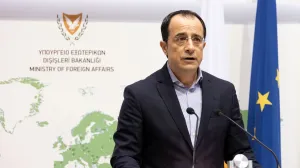 epa09675601 Cyprus Minister of Foreign Affairs Nikos Christodoulides announces his resignation during a press conference at the Foreign Ministry in Nicosia, Cyprus, 09 January 2022. Christodoulides expressed his interest in running for the 2023 presidential elections. EPA/KATIA CHRISTODOULOU/Katia Christodoulou