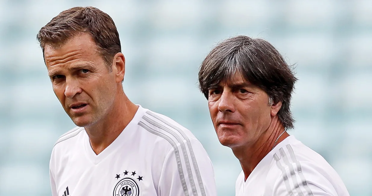 epa10350853 (FILE) - Germany's head coach Joachim Loew (R) and team manager Oliver Bierhoff (L) lead their team's training session in Sochi, Russia, 22 June 2018 (re-issued 05 December 2022). Bierhoff and the German football federation (DFB) agreed to terminate Bierhoff's contract it was announced 05 December 2022. EPA/RONALD WITTEK *** Local Caption *** 54431647