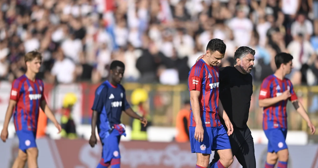 11.05.2025., Gradski stadion, Velika Gorica - SuperSport HNL, 34. kolo, HNK Gorica - HNK Hajduk. Filip Uremovic i Gennaro Gattuso Photo: Igor Soban/PIXSELL
