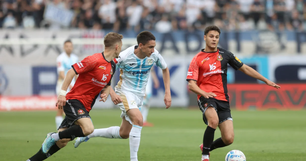 04.05.2025., Rijeka - SuperSport Prva HNL, 33. kolo, HNK Rijeka - HNK Gorica. Luka Menalo, Agon Elezi Photo: Nel Pavletic/PIXSELL