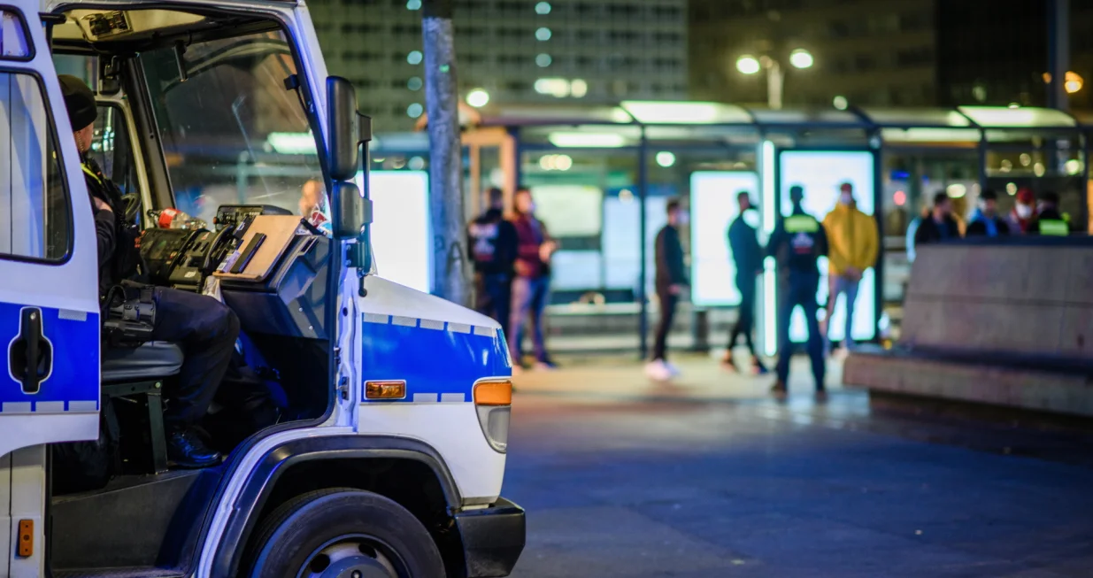 epa09157876 A small group of people, who have been out and about after one o'clock at nighttime, stand lined-up in front of policemen, in order to get their personal data recorded, at Alexanderplatz square in Berlin, Germany, 25 April 2021. From Saturday 24 April 2021 a nightly curfew, between ten o'clock at night and five o'clock in the morning has been applied in Germany. As an exception, single person strolls or sportive activities between 10 o'clock and 12 o'clock at night are excepted. The so called 'Federal Emergency Brake' (lit.: Bundesnotbremse) measures, part of the 'Protection against Infection Act' (Infektionsschutzgesetz), shall help reduce rising Coronavirus infection numbers. EPA/CLEMENS BILAN/Clemens Bilan