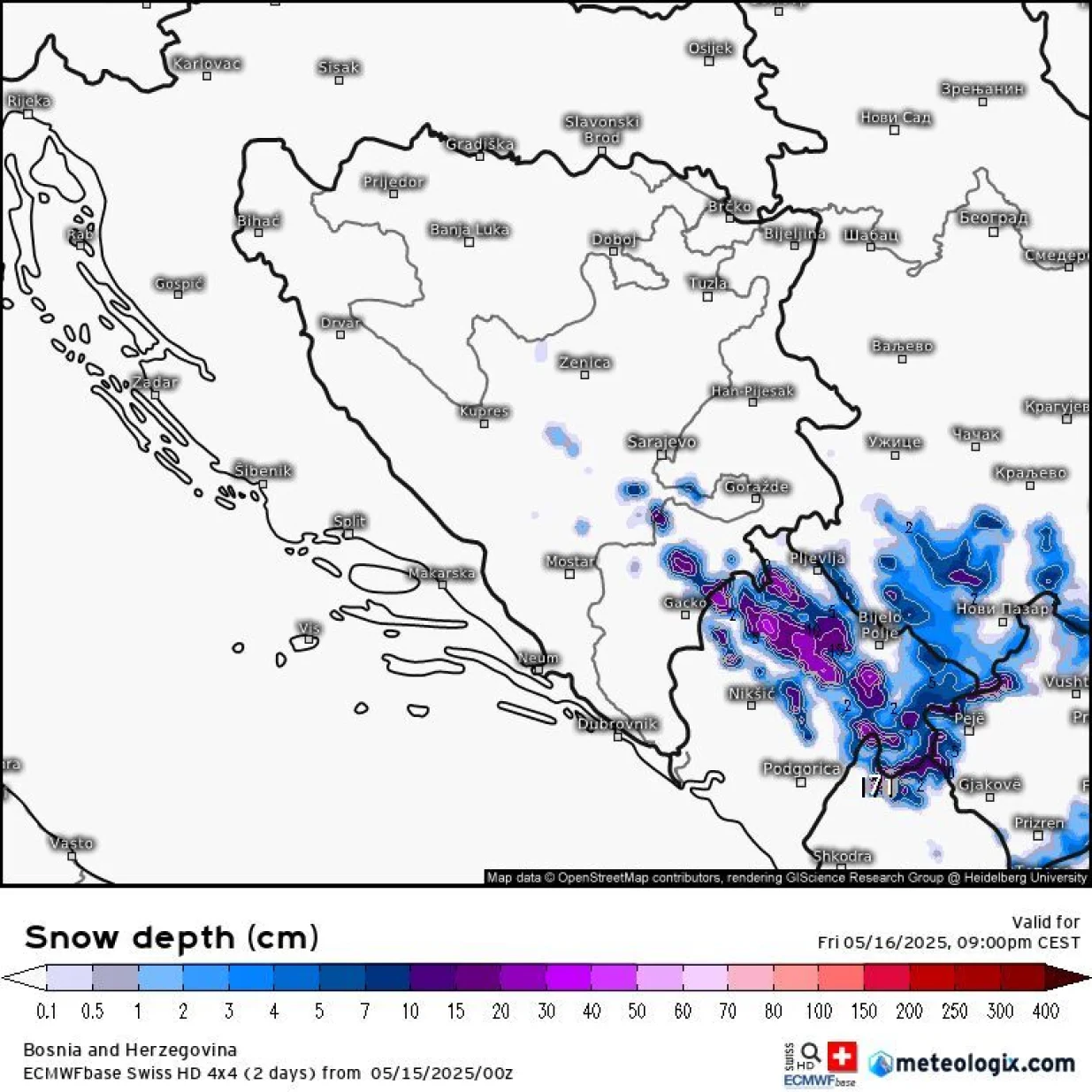 Snjezni pokrivač do sutra naveče po pojedinim WRF modelima/Bh Meteo