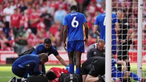 Soccer Football - Premier League - Nottingham Forest v Leicester City - The City Ground, Nottingham, Britain - May 11, 2025 Nottingham Forest's Taiwo Awoniyi receives medical attention after sustaining an injury REUTERS/Maja Smiejkowska EDITORIAL USE ONLY. NO USE WITH UNAUTHORIZED AUDIO, VIDEO, DATA, FIXTURE LISTS, CLUB/LEAGUE LOGOS OR 'LIVE' SERVICES. ONLINE IN-MATCH USE LIMITED TO 120 IMAGES, NO VIDEO EMULATION. NO USE IN BETTING, GAMES OR SINGLE CLUB/LEAGUE/PLAYER PUBLICATIONS. PLEASE CONTACT YOUR ACCOUNT REPRESENTATIVE FOR FURTHER DETAILS..