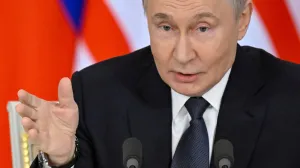 Russian President Vladimir Putin speaks during a joint media statement with Malaysian Prime Minister Anwar following their talks at the Kremlin in Moscow, Russia May 14, 2025. Alexander Nemenov/Pool via REUTERS/Alexander Nemenov