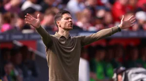 Soccer Football - Bundesliga - Bayer Leverkusen v FC Augsburg - BayArena, Leverkusen, Germany - April 26, 2025 Bayer Leverkusen coach Xabi Alonso reacts REUTERS/Thilo Schmuelgen DFL REGULATIONS PROHIBIT ANY USE OF PHOTOGRAPHS AS IMAGE SEQUENCES AND/OR QUASI-VIDEO.