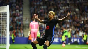 Soccer Football - LaLiga - Espanyol v FC Barcelona - RCDE Stadium, Cornella de Llobregat, Spain - May 15, 2025 FC Barcelona's Lamine Yamal celebrates scoring their first goal REUTERS/Albert Gea