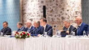 Russian delegation, led by presidential adviser Vladimir Medinsky, attend a meeting with Ukrainian delegation (not pictured) in Istanbul, Turkey, May 16, 2025. Murat Gok/Turkish Foreign Ministry/Handout via REUTERS ATTENTION EDITORS - THIS PICTURE WAS PROVIDED BY A THIRD PARTY. NO RESALES. NO ARCHIVES./Murat Gok/turkish Foreign Minist