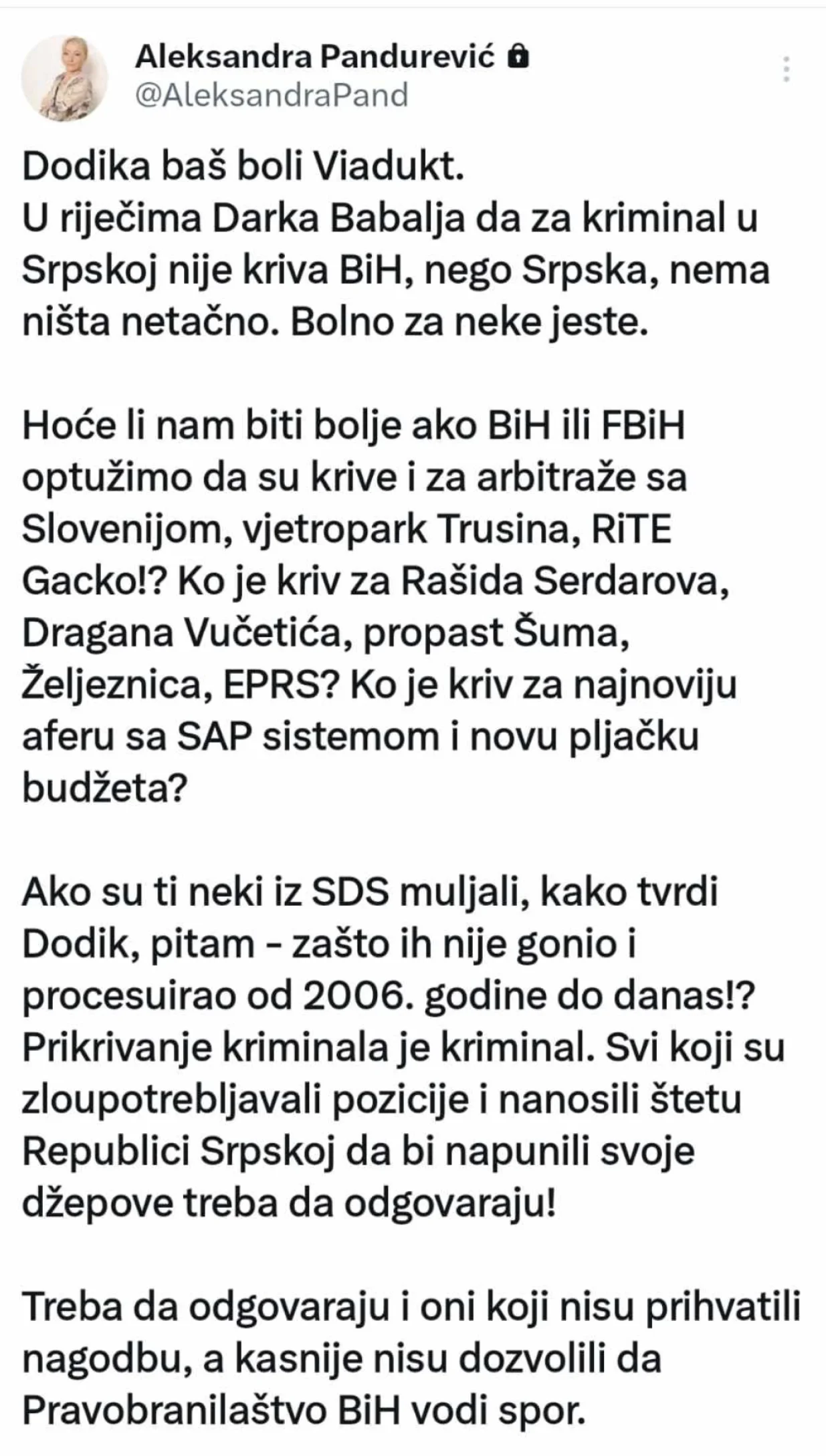 Objava Aleksandre Pandurević/X