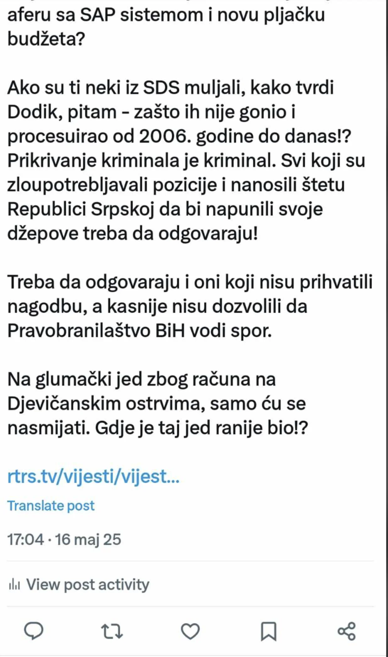 Objava Aleksandre Pandurević/X