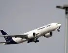 epa10151749 A Boeing 777 Freighter airplane of German transport airline Lufthansa Cargo takes off at the international airport in Frankfurt am Main, Germany, 01September 2022. The pilots of German airline Lufthansa and Lufhansa Cargo will go on a strike on 02 September EPA/RONALD WITTEK/Ronald Wittek