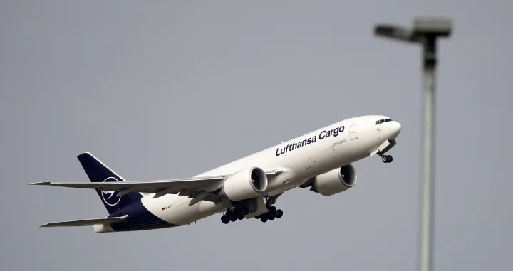 epa10151749 A Boeing 777 Freighter airplane of German transport airline Lufthansa Cargo takes off at the international airport in Frankfurt am Main, Germany, 01September 2022. The pilots of German airline Lufthansa and Lufhansa Cargo will go on a strike on 02 September EPA/RONALD WITTEK/Ronald Wittek