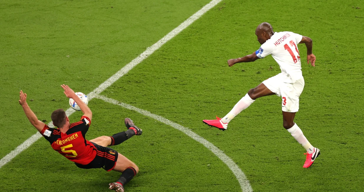 epa10323628 Jan Vertonghen (L) of Belgium in action against Atiba Hutchinson of Canada during the FIFA World Cup 2022 group F soccer match between Belgium and Canada at Ahmad bin Ali Stadium in Doha, Qatar, 23 November 2022. EPA/Friedemann Vogel