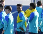 epa10377079 FC Barcelona's players Ansu Fati (C) attends a team's training session at the club's sport complex in Sant Joan Despi, in Barcelona, Spain, 23 December 2022. The team prepares its upcoming LaLiga match against Espanyol on 31 December 2022. EPA/Enric Fontcuberta