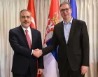 Beograd, Srbija - 19. maj 2025:Predsjednik Srbije Aleksandar Vučić sastao se u ponedjeljak u Beogradu sa ministrom vanjskih poslova Turske Hakanom Fidanom (Predsjednik Srbije/DM - Anadolu Agency)/