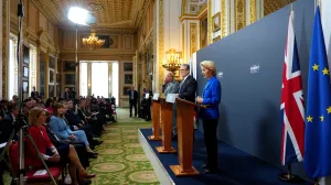 European Council President Antonio Costa and UK Prime Minister Keir Starmer look on as President of the European Commission, Ursula von der Leyen speaks during a press conference at the UK-EU summit at Lancaster House on May 19, 2025 in London, England. Carl Court/Pool via REUTERS/Carl Court