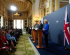 European Council President Antonio Costa and UK Prime Minister Keir Starmer look on as President of the European Commission, Ursula von der Leyen speaks during a press conference at the UK-EU summit at Lancaster House on May 19, 2025 in London, England. Carl Court/Pool via REUTERS/Carl Court