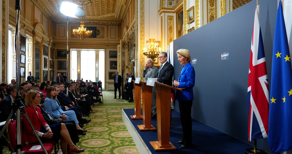 European Council President Antonio Costa and UK Prime Minister Keir Starmer look on as President of the European Commission, Ursula von der Leyen speaks during a press conference at the UK-EU summit at Lancaster House on May 19, 2025 in London, England. Carl Court/Pool via REUTERS/Carl Court