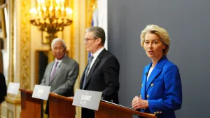 European Council President Antonio Costa, Britain's Prime Minister Keir Starmer and President of the European Commission, Ursula von der Leyen attend a press conference at the UK-EU summit at Lancaster House on May 19, 2025 in London, England. Carl Court/Pool via REUTERS/Carl Court