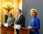 European Council President Antonio Costa, Britain's Prime Minister Keir Starmer and President of the European Commission, Ursula von der Leyen attend a press conference at the UK-EU summit at Lancaster House on May 19, 2025 in London, England. Carl Court/Pool via REUTERS/Carl Court