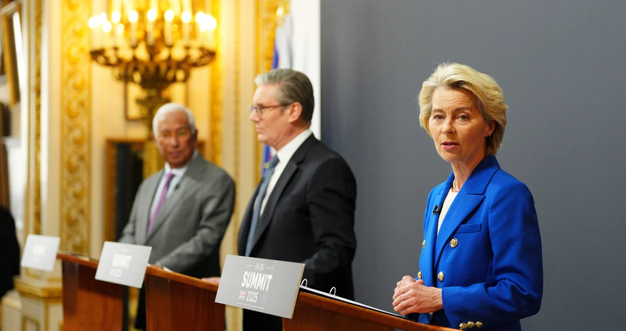 European Council President Antonio Costa, Britain's Prime Minister Keir Starmer and President of the European Commission, Ursula von der Leyen attend a press conference at the UK-EU summit at Lancaster House on May 19, 2025 in London, England. Carl Court/Pool via REUTERS/Carl Court