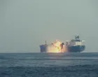 FILE PHOTO: The oil tanker Cordelia Moon bursts into flames after being hit by a missile in the Red Sea off Yemen's Red Sea port of Hodeidah, in this screengrab from a video released on October 1, 2024. Houthi Military Media/Handout via REUTERS THIS IMAGE HAS BEEN SUPPLIED BY A THIRD PARTY/File Photo/Houthi Military Media
