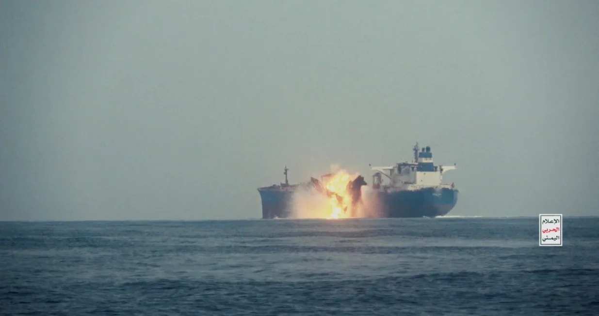 FILE PHOTO: The oil tanker Cordelia Moon bursts into flames after being hit by a missile in the Red Sea off Yemen's Red Sea port of Hodeidah, in this screengrab from a video released on October 1, 2024. Houthi Military Media/Handout via REUTERS THIS IMAGE HAS BEEN SUPPLIED BY A THIRD PARTY/File Photo/Houthi Military Media