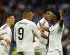 Soccer Football - LaLiga - Real Madrid v Celta Vigo - Santiago Bernabeu, Madrid, Spain - May 4, 2025 Real Madrid's Kylian Mbappe celebrates scoring their second goal with Real Madrid's Jude Bellingham, Real Madrid's Arda Guler and Real Madrid's Vinicius Junior REUTERS/Susana Vera