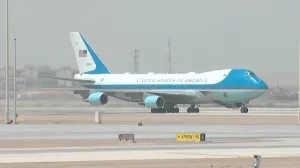 Air Force One carrying U.S. President Donald Trump is seen after landing at King Khalid International Airport in Riyadh, Saudi Arabia, May 13, 2025, in this screen grab obtained from a handout video. Saudi TV/Handout via REUTERS THIS IMAGE HAS BEEN SUPPLIED BY A THIRD PARTY/Saudi Tv
