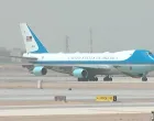 Air Force One carrying U.S. President Donald Trump is seen after landing at King Khalid International Airport in Riyadh, Saudi Arabia, May 13, 2025, in this screen grab obtained from a handout video. Saudi TV/Handout via REUTERS THIS IMAGE HAS BEEN SUPPLIED BY A THIRD PARTY/Saudi Tv