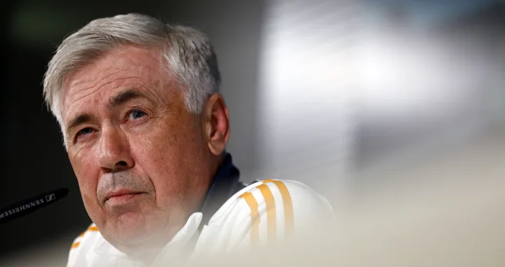 Soccer Football - Real Madrid coach Carlo Ancelotti Press Conference - Ciudad Real Madrid, Valdebebas, Madrid, Spain - May 13, 2025 Real Madrid coach Carlo Ancelotti during a press conference REUTERS/Susana Vera