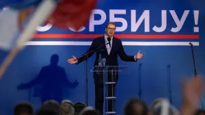 Serbia's President Aleksandar Vucic speaks during a rally to promote the newly formed "The Movement for the People and the State," and to express opposition to months of student protests, in Nis, Serbia, May 17, 2025. REUTERS/Marko Djurica/Marko Djurica