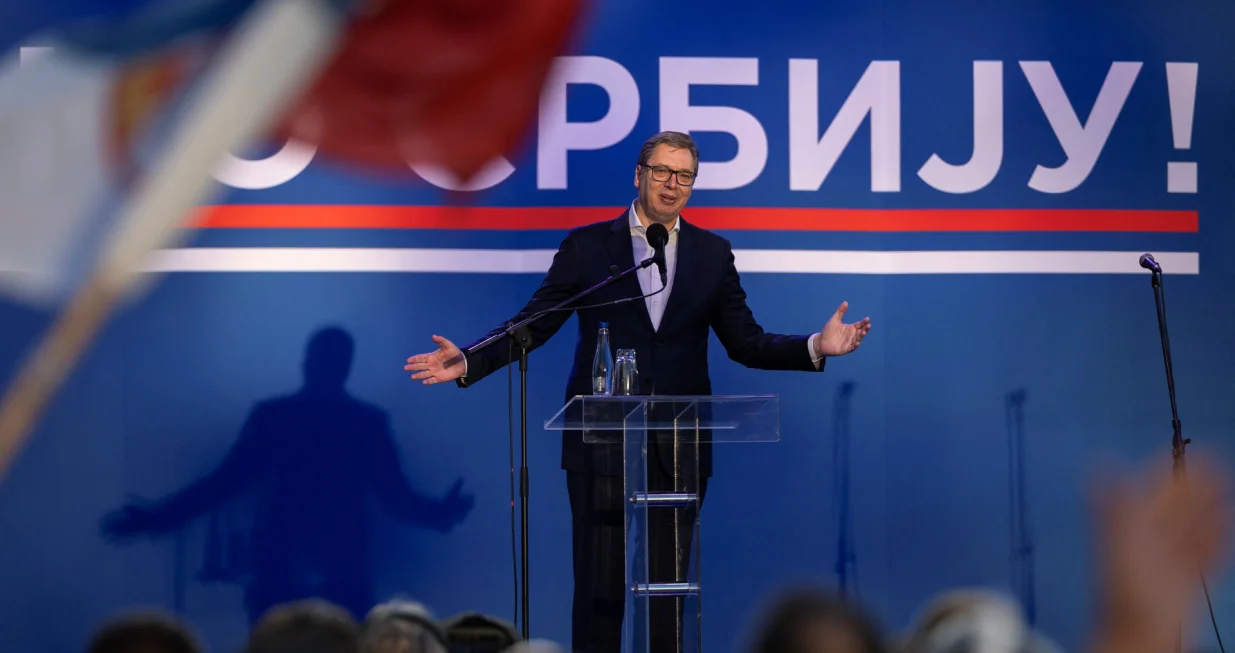 Serbia's President Aleksandar Vucic speaks during a rally to promote the newly formed "The Movement for the People and the State," and to express opposition to months of student protests, in Nis, Serbia, May 17, 2025. REUTERS/Marko Djurica/Marko Djurica
