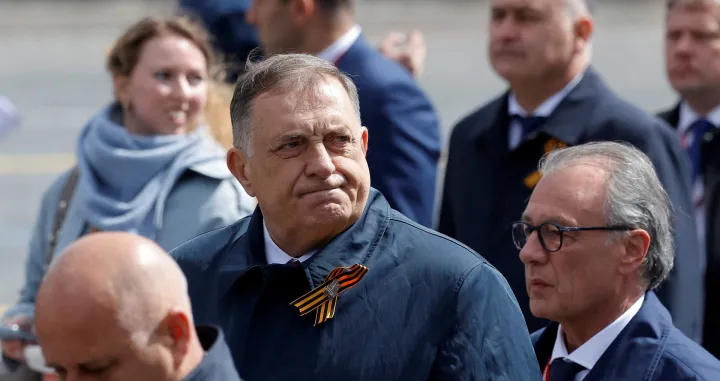 FILE PHOTO: Bosnian Serb leader Milorad Dodik leaves after a military parade on Victory Day, marking the 80th anniversary of the victory over Nazi Germany in World War Two, in Red Square in central Moscow, Russia, May 9, 2025. REUTERS/Maxim Shemetov/File Photo/Maxim Shemetov