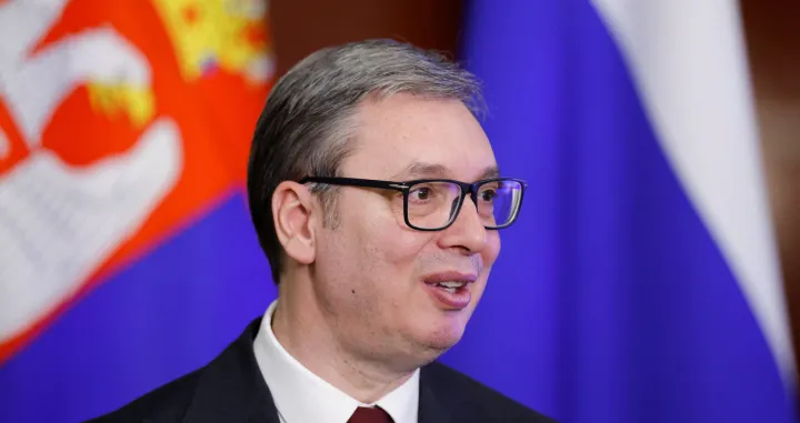 Serbia's President Aleksandar Vucic attends a press conference following a meeting with Russian President Vladimir Putin at the Kremlin in Moscow, Russia, May 9, 2025. REUTERS/Maxim Shemetov/Pool/Maxim Shemetov