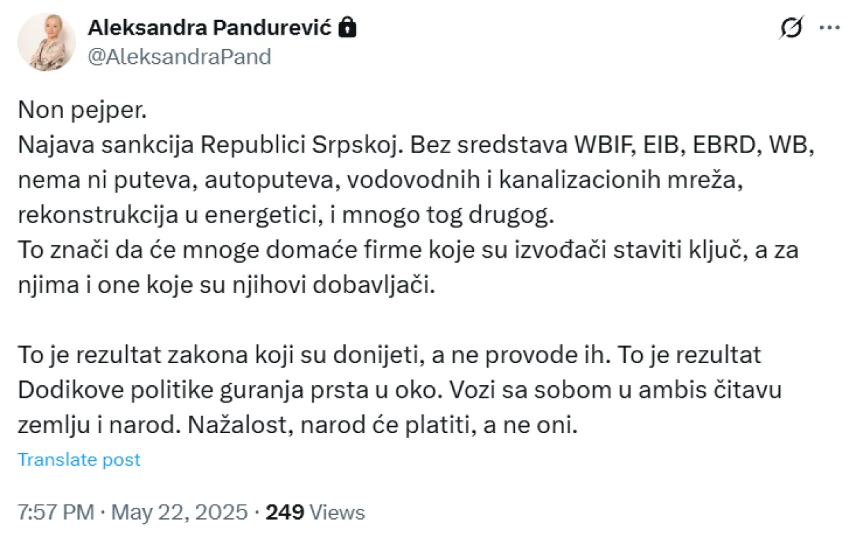 Objava Aleksandre Pandurević na X-u oko novog non-papera/Prtsc