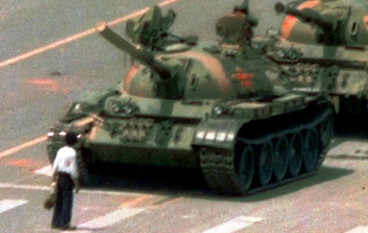 Pro-democracy protestor blocking tanks in Tiananmen Square, Beijing./