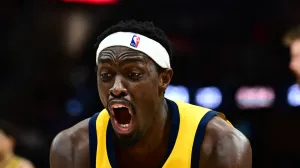 May 13, 2025; Cleveland, Ohio, USA; Indiana Pacers forward Pascal Siakam (43) reacts after a play during the second half against the Cleveland Cavaliers in game five of the second round for the 2025 NBA Playoffs at Rocket Arena. Mandatory Credit: Ken Blaze-Imagn Images