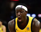 May 13, 2025; Cleveland, Ohio, USA; Indiana Pacers forward Pascal Siakam (43) reacts after a play during the second half against the Cleveland Cavaliers in game five of the second round for the 2025 NBA Playoffs at Rocket Arena. Mandatory Credit: Ken Blaze-Imagn Images