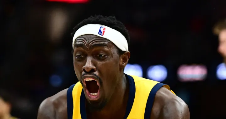 May 13, 2025; Cleveland, Ohio, USA; Indiana Pacers forward Pascal Siakam (43) reacts after a play during the second half against the Cleveland Cavaliers in game five of the second round for the 2025 NBA Playoffs at Rocket Arena. Mandatory Credit: Ken Blaze-Imagn Images