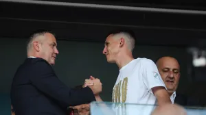 25.05.2025., stadion HNK Rijeka, Rijeka - SuperSport HNL, 36. kolo, HNK Rijeka pobjedom nad NK Slaven Belupo postala je prvak Hrvatske. dodjela medalja igracima HNK Rijaka. Marijan Kustic, Aleksa Todorovic, Luka Menalo Photo: Sanjin Strukic/PIXSELL