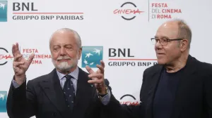epa09538859 Aurelio De Laurentiis (L) and Carlo Verdone pose during a photocall for 'Vita da Carlo' at the 16th annual Rome International Film Festival, in Rome, Italy, 22 October 2021. The Festa del Cinema di Roma runs from 14 to 24 October 2021. EPA/FABIO FRUSTACI