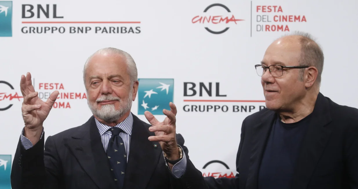 epa09538859 Aurelio De Laurentiis (L) and Carlo Verdone pose during a photocall for 'Vita da Carlo' at the 16th annual Rome International Film Festival, in Rome, Italy, 22 October 2021. The Festa del Cinema di Roma runs from 14 to 24 October 2021. EPA/FABIO FRUSTACI